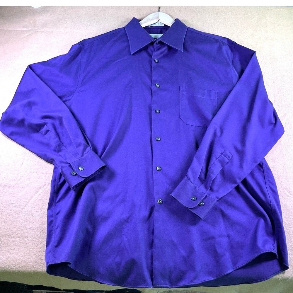 Perry Ellis Men Deep Purple Wrinkle Free Cotton Dress Shirt XL 17 34/35 Long Slv